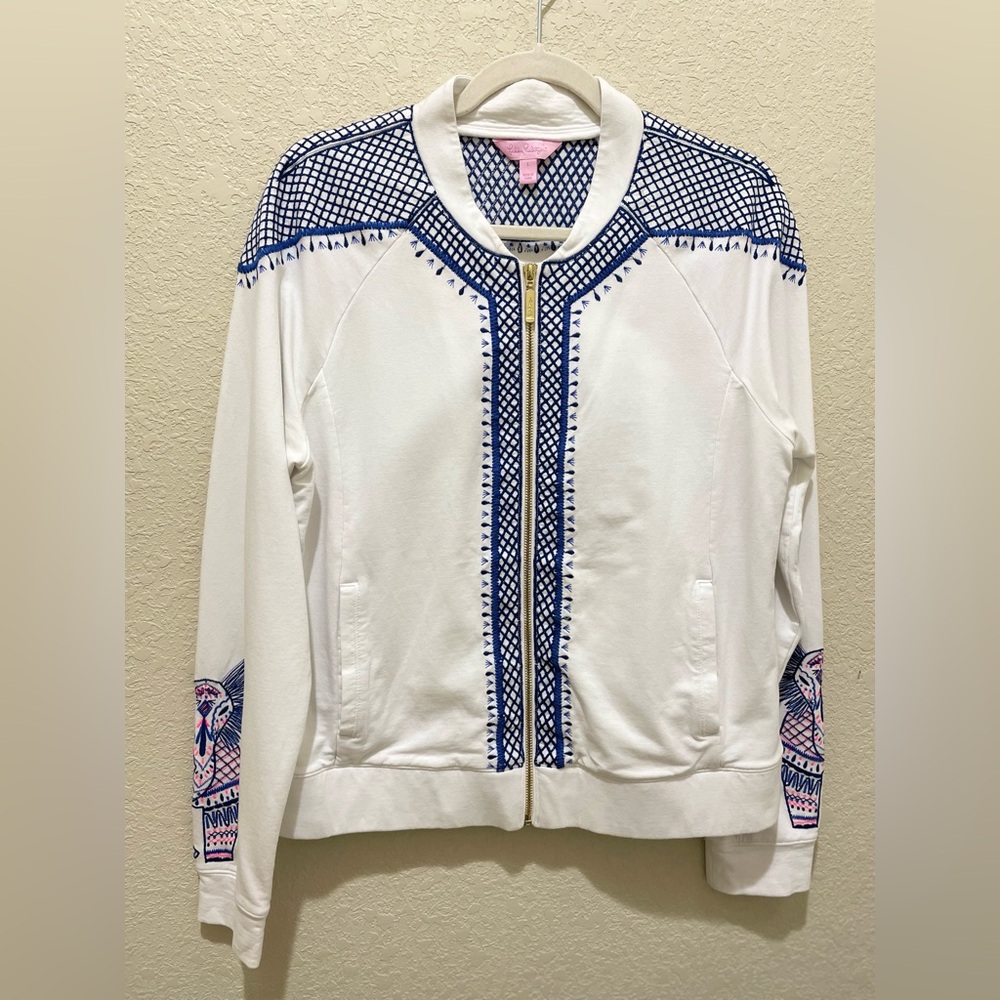 Lilly Pulitzer White and Blue Embroidered Zip - Up Jacket